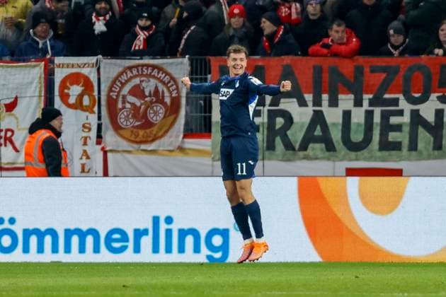 Torjubel bei Fisnik Asllani (TSG Hoffenheim, 11) nach seinem Tor zum 0:1 , Deutschland, Fussball, 1. Bundesliga, 11.Spieltag, 2025 2026, 1.FSV Mainz vs. TSG 1899 Hoffenheim, 21.11.2025, Mewa Arena, Mainz, Deutschland Mainz Mewa Arena Rheinland-Pfalz Deutschland Copyright: xGrantxHubbsx