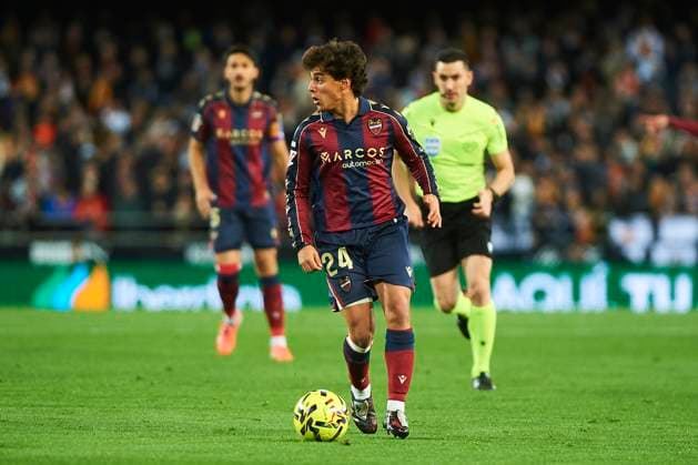 Carlos Alvarez (Levante UD) during the LaLiga EA Sports match between Valencia CF and Levante UD at Estadio de Mestalla on December 21, 2025 in Valencia, Spain. (Photo by Maria Jose Segovia DeFodi Images)