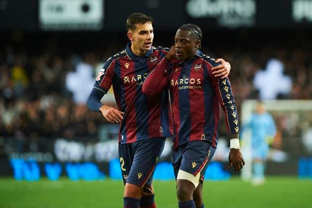 Matias Moreno (Levante UD) and Etta Eyong (Levante UD) during the LaLiga EA Sports match between Valencia CF and Levante UD at Estadio de Mestalla on December 21, 2025 in Valencia, Spain. (Photo by Maria Jose Segovia DeFodi Images)