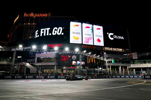 British Formula One driver George Russell of Mercedes-AMG Petronas in action during the third free practice session of the Formula One Las Vegas Grand Prix at the Las Vegas Strip Circuit in Las Vegas on Friday, November 21, 2025.  LAS2025112125 GREGxNASH