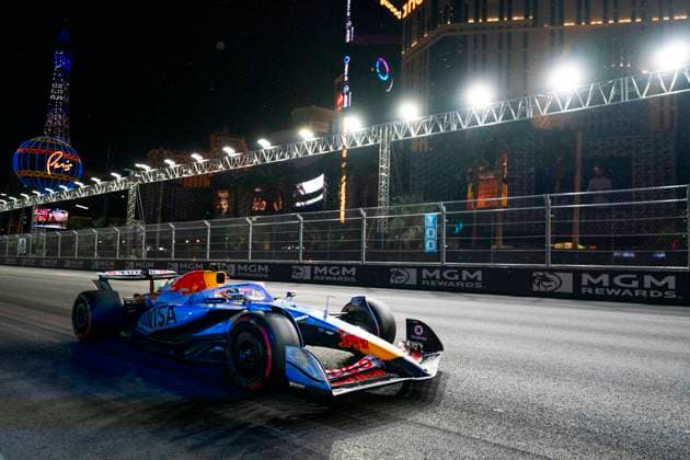 French Formula One driver Isack Hadjar of RB F1 Team in action during the third free practice session of the Formula One Las Vegas Grand Prix at the Las Vegas Strip Circuit in Las Vegas on Friday, November 21, 2025.  LAS2025112132 GREGxNASH