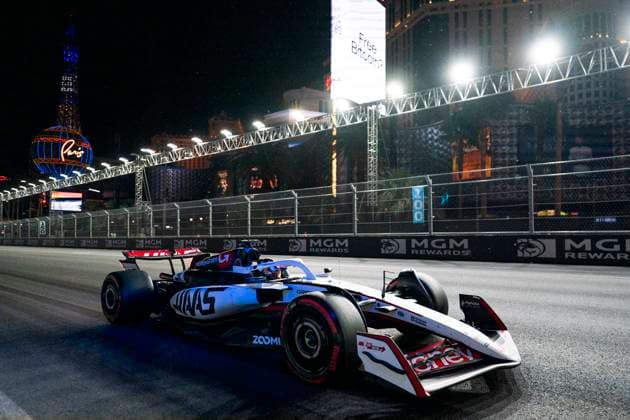 French Formula One driver Esteban Ocon of Haas F1 Team in action during the third free practice session of the Formula One Las Vegas Grand Prix at the Las Vegas Strip Circuit in Las Vegas on Friday, November 21, 2025.  LAS2025112128 GREGxNASH