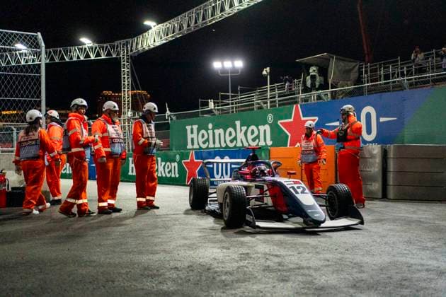 Danish Formula One Academy driver Alba Larsen of MP Motorsport retires from race one of the Formula One Academy series at the Formula One Las Vegas Grand Prix at the Las Vegas Strip Circuit in Las Vegas on 21, November 2025.  LAS2025112137 GREGxNASH