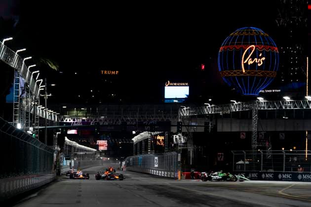 Cars in action during the third free practice session of the Formula One Las Vegas Grand Prix at the Las Vegas Strip Circuit in Las Vegas on Friday, November 21, 2025.  LAS2025112121 GREGxNASH