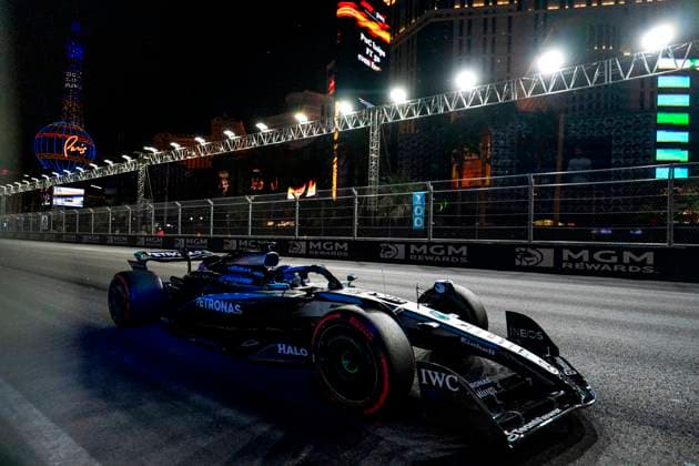 British Formula One driver George Russell of Mercedes-AMG Petronas in action during the third free practice session of the Formula One Las Vegas Grand Prix at the Las Vegas Strip Circuit in Las Vegas on Friday, November 21, 2025.  LAS2025112126 GREGxNASH