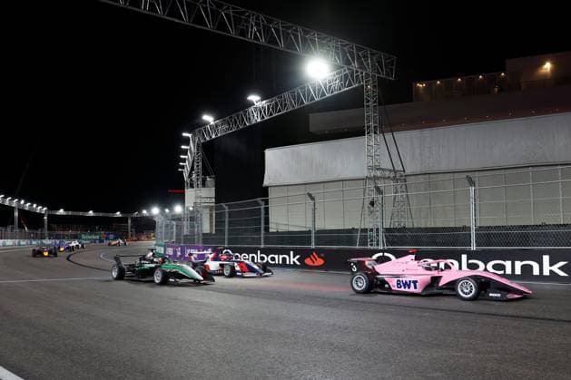 LAS VEGAS, NV - NOVEMBER 21: Nina Gademan, driver of the 3 Prema Racing leads the field at the start of the first F1 Academy race at the Formula 1 Las Vegas Grand Prix on November 21, 2025 on the Las Vegas Strip Circuit in Las Vegas, Nevada.(Photo by Jeff Speer Icon Sportswire) AUTO: NOV 21 F1 Las Vegas Grand Prix - F1 Academy Race 1 EDITORIAL USE ONLY Icon2511210051
