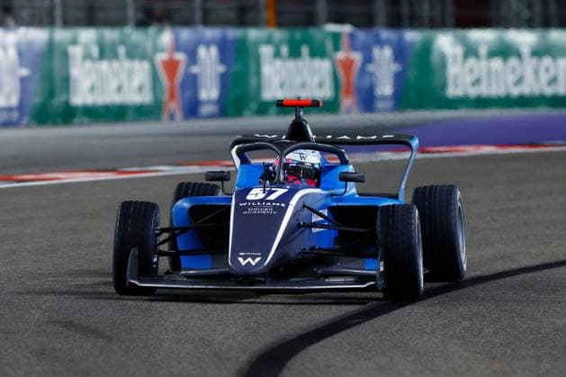 LAS VEGAS, NV - NOVEMBER 21: Lia Block, driver of the 57 ART Grand Prix races into a turn during the first F1 Academy race at the Formula 1 Las Vegas Grand Prix on November 21, 2025 on the Las Vegas Strip Circuit in Las Vegas, Nevada.(Photo by Jeff Speer Icon Sportswire) AUTO: NOV 21 F1 Las Vegas Grand Prix - F1 Academy Race 1 EDITORIAL USE ONLY Icon2511210091