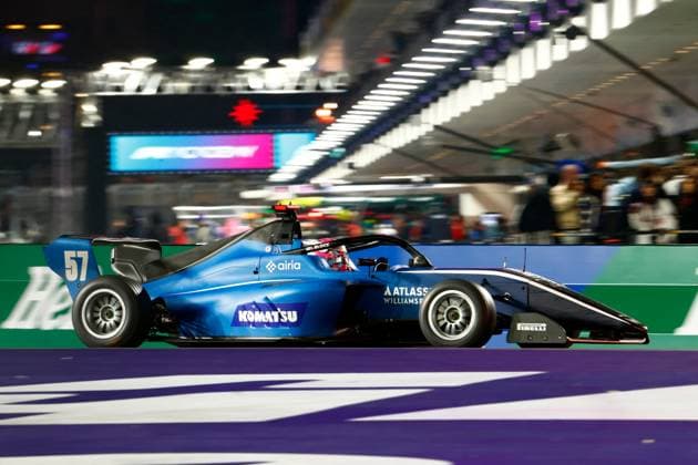 LAS VEGAS, NV - NOVEMBER 21: Lia Block, driver of the 57 ART Grand Prix races into a turn during the first F1 Academy race at the Formula 1 Las Vegas Grand Prix on November 21, 2025 on the Las Vegas Strip Circuit in Las Vegas, Nevada.(Photo by Jeff Speer Icon Sportswire) AUTO: NOV 21 F1 Las Vegas Grand Prix - F1 Academy Race 1 EDITORIAL USE ONLY Icon2511210131