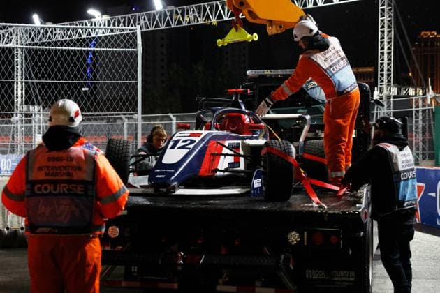 LAS VEGAS, NV - NOVEMBER 21: The car of Alba Hurup Larsen 12 MP Motorsport is loaded onto a flatbed tow truck after crashing in the first F1 Academy race at the Formula 1 Las Vegas Grand Prix on November 21, 2025 on the Las Vegas Strip Circuit in Las Vegas, Nevada.(Photo by Jeff Speer Icon Sportswire) AUTO: NOV 21 F1 Las Vegas Grand Prix - F1 Academy Race 1 EDITORIAL USE ONLY Icon2511210161