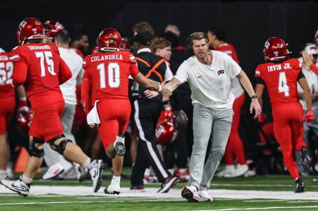 November 21, 2025: UNLV Rebels quarterback Anthony Colandrea (10) celebrates after throwing a touchdown pass during the first half of the college football game featuring the Hawaii Rainbow Warriors and the UNLV Rebels at Allegiant Stadium in Las Vegas, NV. CSM. Las Vegas United States of America - ZUMAc04_ 20251121_zma_c04_452 Copyright: xChristopherxTrimx