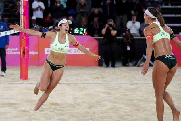 Beach volleyball, Beachvolleyball World Championship, WM, Weltmeisterschaft Tina Graudina and Anastasija Samoilova (LAT) celebrate victory against Thamela Coradello Galil and Victoria Lopes Pereira Tosta (BRA) during the Semi Final match of the Beach Volleyball World Championships at The Drive in Adelaide, Saturday, November 22, 2025. ( NO ARCHIVING, EDITORIAL USE ONLY ADELAIDE SOUTH AUSTRALIA AUSTRALIA  Copyright: xMATTxTURNERx 20251122162026927142