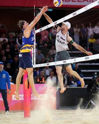 Beach volleyball, Beachvolleyball World Championship, WM, Weltmeisterschaft David Ahman and Jonatan Hellvig (SWE) v Nils Ehlers and Clemens Wickler (GER) during the Semi Final match of the Beach Volleyball World Championships at The Drive in Adelaide, Saturday, November 22, 2025. ( NO ARCHIVING, EDITORIAL USE ONLY ADELAIDE SOUTH AUSTRALIA AUSTRALIA  Copyright: xMATTxTURNERx 20251122130211868805