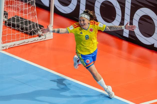 (251122) -- PASIG CITY, Nov. 22, 2025 -- Angely Camargo of Colombia celebrates after scoring a goal during the match between Colombia and Canada at the FIFA Futsal Women s World Cup 2025 in Pasig City, the Philippines, Nov. 22, 2025. ) (SP)PHILIPPINES-PASIG CITY-FUTSAL-WOMEN S WORLD CUP 2025-COLOMBIA VS CANADA RouellexUmali 
