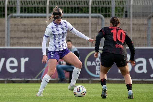 Claudia Wenger (5 Bayer 04 Leverkusen) and Estrella Merino Gonzalez (10 Bayer 04 Leverkusen) during the Google Pixel Frauen-Bundesliga between Bayer 04 Leverkusen and SGS Essen at Ulrich-Haberland-Stadion in Leverkusen, Germany. Copyright: xQianruxZhang SPPx Sportspressphoto_SPR64668