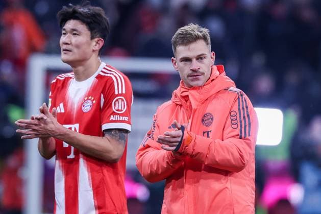 Schlussjubel bei den Fans nach dem Heimsieg von Min-jae Kim 3 (FC Bayern Muenchen) und Joshua Kimmich 6 (FC Bayern Muenchen), FC Bayern Muenchen vs. SC Freiburg, Fussball, Bundesliga, DFL, Saison 2025 2026, Hinrunde, 22.11.2025 DFB regulations prohibit any use of photographs as image sequences and or quasi-video Muenchen Bayern Deutschland