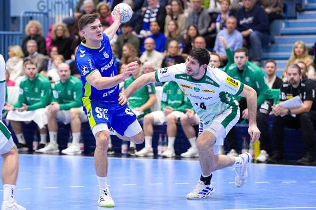 22.11.2025, xydrx, Handball, 1.HBL, VFL Gummersbach - SC DHfk Leipzig, Schwalbe-Arena: Kay Smits (VFL Gummersbach 31) im Zweikampf gegen Marko Mamic (SC DHfk Leipzig 14) Nordrhein-Westfahlen Deutschland