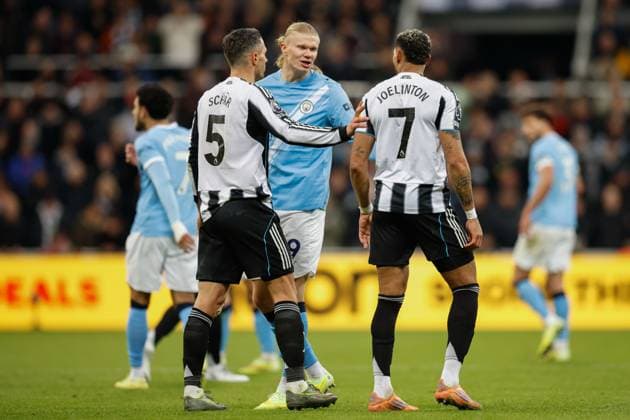 Newcastle United v Manchester City Premier League 22 11 2025. Joelinton of Newcastle United and Erling Haland of Manchester City confront each other during the Premier League match between Newcastle United and Manchester City at St. James s Park, Newcastle, England on 22 November 2025. Newcastle St. James s Park Tyne and Wear England Editorial use only DataCo restrictions apply See www.football-dataco.com , Copyright: xCraigxCowanx PSI-23242-0091