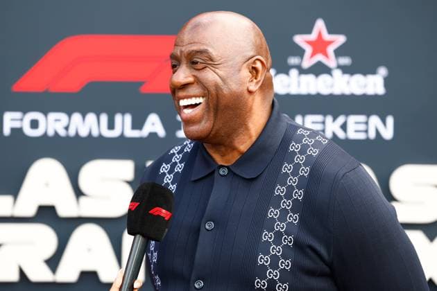 LAS VEGAS, NV - NOVEMBER 22: Magic Johnson is interviewed on the red carpet prior to the the Formula 1 Las Vegas Grand Prix on November 22, 2025 on the Las Vegas Strip Circuit in Las Vegas, Nevada.(Photo by Jeff Speer Icon Sportswire) AUTO: NOV 22 F1 Las Vegas Grand Prix EDITORIAL USE ONLY Icon2511220091
