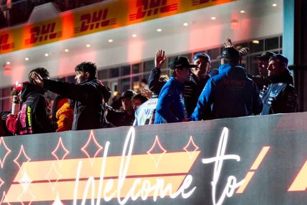 Drivers are seen during the drivers parade at the Formula One Las Vegas Grand Prix at the Las Vegas Strip Circuit in Las Vegas on Saturday, November 22, 2025.  LAS2025112227 GREGxNASH