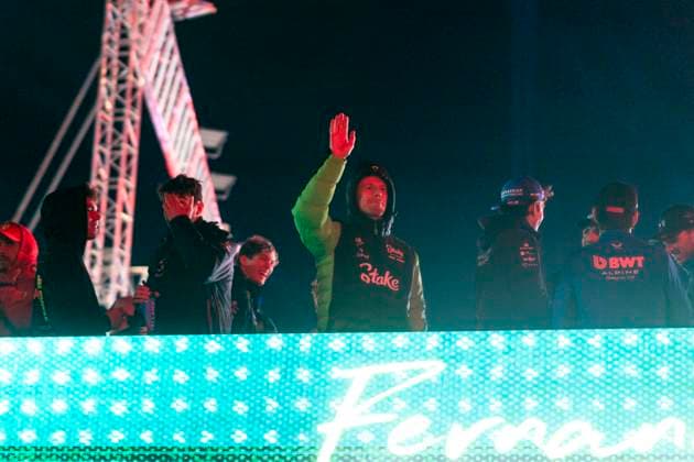 German Formula One driver Nico Hulkenberg of Stake F1 Team is seen during the drivers parade at the Formula One Las Vegas Grand Prix at the Las Vegas Strip Circuit in Las Vegas on Saturday, November 22, 2025.  LAS2025112228 GREGxNASH