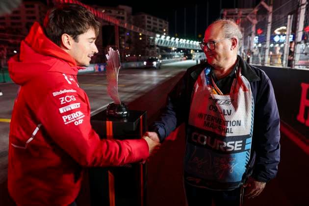 F1 - LAS VEGAS GRAND PRIX 2025 LECLERC Charles (mco), Scuderia Ferrari SF-25, portrait, Formula 1 Marshal Award during the 2025 Formula 1 Las Vegas Grand Prix, 22th round of the 2025 FIA Formula One World Championship, WM, Weltmeisterschaft from November 21 to 23, 2025 on the Las Vegas Strip Circuit, in Paradise, Nevada, United States of America - ParadiseUnited States Copyright: xJoaoxFilipex