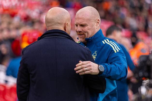 (251123) -- LONDON, Nov. 23, 2025 -- Nottingham Forest s manager Sean Dyche (R) greets Liverpool s head coach Arne Slot before the English Premier League match between Liverpool FC and Nottingham Forest FC in Liverpool, Britain, on Nov. 22, 2025. FOR EDITORIAL USE ONLY. NOT FOR SALE FOR MARKETING OR ADVERTISING CAMPAIGNS. NO USE WITH UNAUTHORIZED AUDIO, VIDEO, DATA, FIXTURE LISTS, CLUB LEAGUE LOGOS OR LIVE SERVICES. ONLINE IN-MATCH USE LIMITED TO 45 IMAGES, NO VIDEO EMULATION. NO USE IN BETTING, GAMES OR SINGLE CLUB LEAGUE PLAYER PUBLICATIONS. (SP)BRITAIN-LONDON-FOOTBALL-ENGLISH PREMIER LEAGUE-LIVERPOOL VS NOTTINGHAM FOREST LixYing 