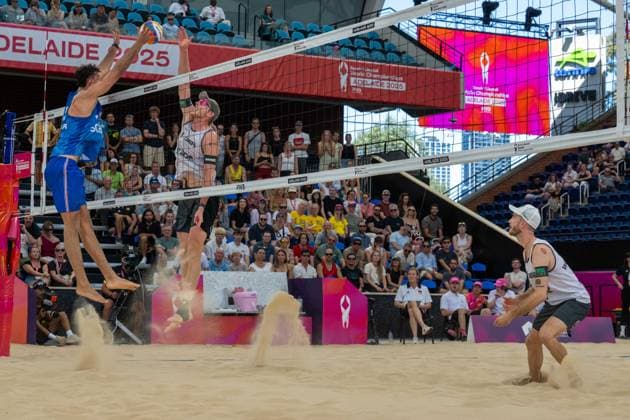 RECORD DATE NOT STATED ADELAIDE, AUSTRALIA - NOVEMBER 23: Nils Ehlers (Player 1 - GER, white), Téo Rotar (Player 1 - FRA, blue) during the Beach volleyball, Beachvolleyball World Championships at Adelaide on November 23, 2025 in Adelaide, Australia. Australia Copyright: xBEAUTIFULxSPORTS PeterxWeberx