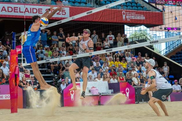 RECORD DATE NOT STATED ADELAIDE, AUSTRALIA - NOVEMBER 23: Nils Ehlers (Player 1 - GER, white), Téo Rotar (Player 1 - FRA, blue) during the Beach volleyball, Beachvolleyball World Championships at Adelaide on November 23, 2025 in Adelaide, Australia. Australia Copyright: xBEAUTIFULxSPORTS PeterxWeberx
