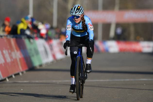 Belgian Phebe Blieck crosses the finish line at the women junior race at the World Cup cyclocross cycling event in Tabor, Czech Republic, stage 1 (out of 12) of the UCI World Cup cyclocross competition, Sunday 23 November 2025. DAVIDxPINTENS  x143597260x