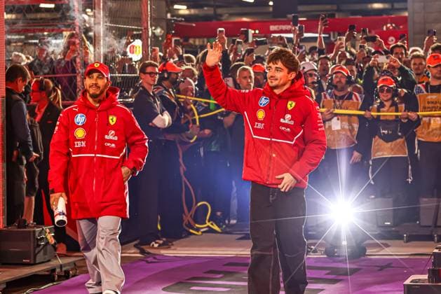 (L) Lewis Hamilton (GBR) - Scuderia Ferrari - Ferrari SF-25 - Ferrari (R) Charles Leclerc (MON) - Scuderia Ferrari - Ferrari SF-25 - Ferrari during the Sunday of the Formula 1 Heineken Las Vegas Grand Prix 2025 at Las Vegas Strip Circuit, ahead of Round 22 of 24 of the 2025 FIA Formula One World Championship, WM, Weltmeisterschaft (November 20-23, 2025). Formula 1 Heineken Las Vegas Grand Prix 2025