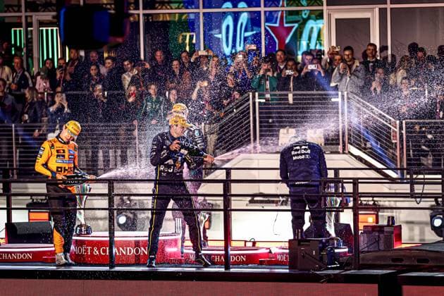 Max Verstappen (NED) - Oracle Red Bull Racing - Red Bull RB21 - Honda RBPT celebrating victory of the race during the Sunday of the Formula 1 Heineken Las Vegas Grand Prix 2025 at Las Vegas Strip Circuit, ahead of Round 22 of 24 of the 2025 FIA Formula One World Championship, WM, Weltmeisterschaft (November 20-23, 2025). Formula 1 Heineken Las Vegas Grand Prix 2025