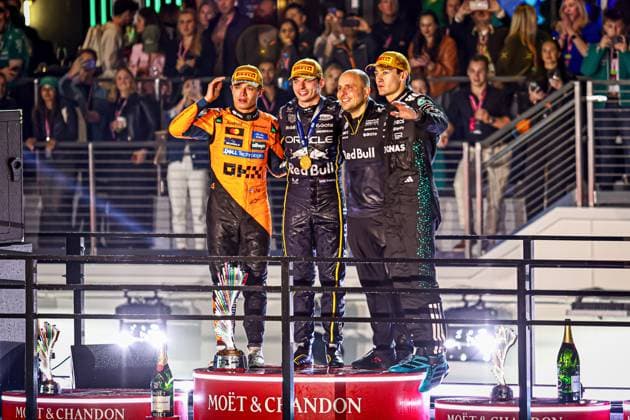 Max Verstappen (NED) - Oracle Red Bull Racing - Red Bull RB21 - Honda RBPT celebrating victory of the race during the Sunday of the Formula 1 Heineken Las Vegas Grand Prix 2025 at Las Vegas Strip Circuit, ahead of Round 22 of 24 of the 2025 FIA Formula One World Championship, WM, Weltmeisterschaft (November 20-23, 2025). Formula 1 Heineken Las Vegas Grand Prix 2025