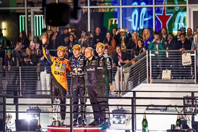 Max Verstappen (NED) - Oracle Red Bull Racing - Red Bull RB21 - Honda RBPT celebrating victory of the race during the Sunday of the Formula 1 Heineken Las Vegas Grand Prix 2025 at Las Vegas Strip Circuit, ahead of Round 22 of 24 of the 2025 FIA Formula One World Championship, WM, Weltmeisterschaft (November 20-23, 2025). Formula 1 Heineken Las Vegas Grand Prix 2025