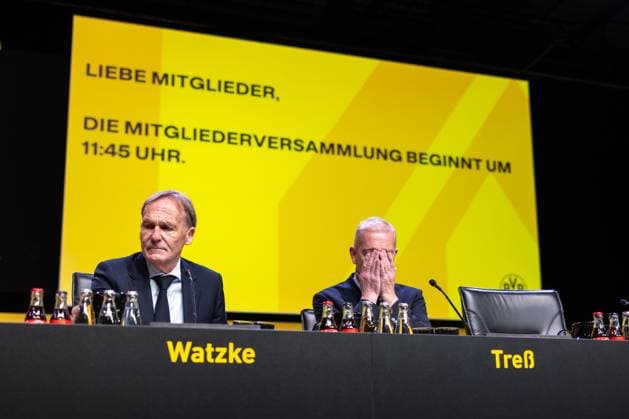 23.11.2025, Fussball, Saison 2025 2026, 1. Bundesliga, Mitgliederversammlung Borussia Dortmund, v. l. Vorsitzender der Geschäftsführung Hans-Joachim Watzke (Borussia Dortmund), Geschäftsführer Thomas Treß (Borussia Dortmund), hinter ihnen die Mitteilung über die Verzögerung des Starts der MV, Dortmund Messe Wetsfalenhalle NRW Deutschland xRHR-FOTO DEx Copyright: DennisxEwert RHR-FOTOx RHR-FOTO DE