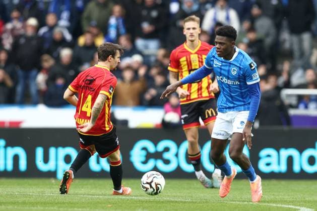 Genk s Josue Kongolo pictured in action during a soccer match between KRC Genk and KV Mechelen, Sunday 23 November 2025 in Genk, a game of day 15 of the 2025-2026 Jupiler Pro League first division of the Belgian championship. BRUNOxFAHY  x143628692x