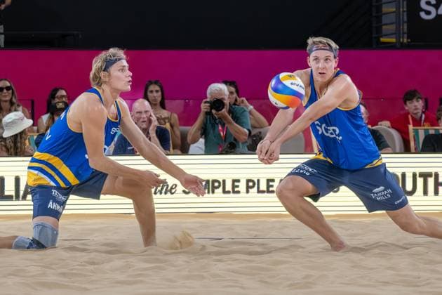 RECORD DATE NOT STATED ADELAIDE, AUSTRALIA - NOVEMBER 23: Jonatan Hellvig (Player 2 - SWE), David Åhman (Player 1 - SWE) during the Beach volleyball, Beachvolleyball World Championships at Adelaide on November 23, 2025 in Adelaide, Australia. Australia Copyright: xBEAUTIFULxSPORTS PeterxWeberx