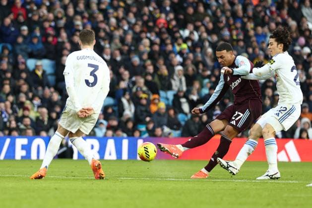 Leeds United v Aston Villa Premier League 23 11 2025. Morgan Rogers of Aston Villa shoots during the Premier League match between Leeds United and Aston Villa at Elland Road, Leeds, England on 23 November 2025. Leeds Elland Road West Yorkshire England Editorial use only DataCo restrictions apply See www.football-dataco.com , Copyright: xRyanxBrownex PSI-23236-0046