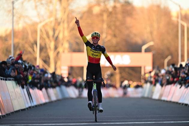 Belgian Thibau Nys celebrates as he crosses the finish line to win alone the men elite race at the World Cup cyclocross cycling event in Tabor, Czech Republic, stage 1 (out of 12) of the UCI World Cup cyclocross competition, Sunday 23 November 2025. DAVIDxPINTENS  x143651402x