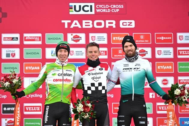 From left: second Laurens Sweeck from Belgium, first Thibau Nys from Belgium and third Juris Nieuwenhuis from Netherlands on the podium after the UCI Cyclo-cross World Cup race, category Elite Men, in Tabor, Czech Republic, on November 23, 2025. (CTKxPhoto VaclavxPancer) CTKPhotoP2025112303983  CTKPhotoP2025112303983