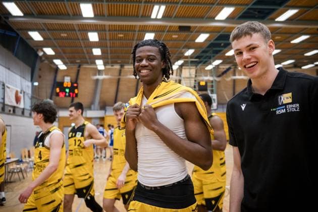 Daniel Mack (Porsche BBA, 01) - Freude, Jubel, Lachen GER, Porsche BBA Ludwigsburg - CATL Basketball Loewen Erfurt, 2. Barmer Basketball Bundesliga, ProB Sued, Saison 2025 2026, 23.11.2025 GER, Porsche BBA Ludwigsburg - CATL Basketball Loewen Erfurt, 2. Barmer Basketball Bundesliga, ProB Sued, Saison 2025 2026, 23.11.2025 Ludwigsburg Copyright: xSandyxDinkelackerx EP_EER