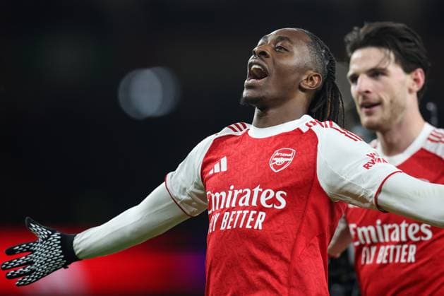 Arsenal v Tottenham 23 November 2025, London - Premier League Football - Arsenal v Tottenham Hotspur - Eberechi Eze of Arsenal celebrates scoring a hat-trick and the 4th Arsenal goal - Photo: Charlotte Wilson Offside. London UK Copyright: xCharlottexWilsonx xOffsidexOffside