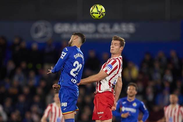 Alexander Sorloth (Atletico de Madrid) and Domingos Duarte (Getafe CF) battle for the ball during the LaLiga EA Sports match between Getafe CF v AtlÃ tico Madrid at Coliseum on November 23, 2025 in Getafe, Spain. (Photo by Manu Reino DeFodi Images)
