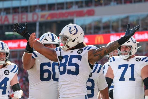 November 23, 2025: Indianapolis Colts tight end Drew Ogletree (85) celebrates his touchdown catch with center Tanor Bortolini (60) during the first half of an NFL, American Football Herren, USA football game against the Kansas City Chiefs at GEHA Field at Arrowhead Stadium in Kansas City, MO. CSM Kansas City United States of America - ZUMAc04_ 20251123_zma_c04_068 Copyright: xDavidxSmithx
