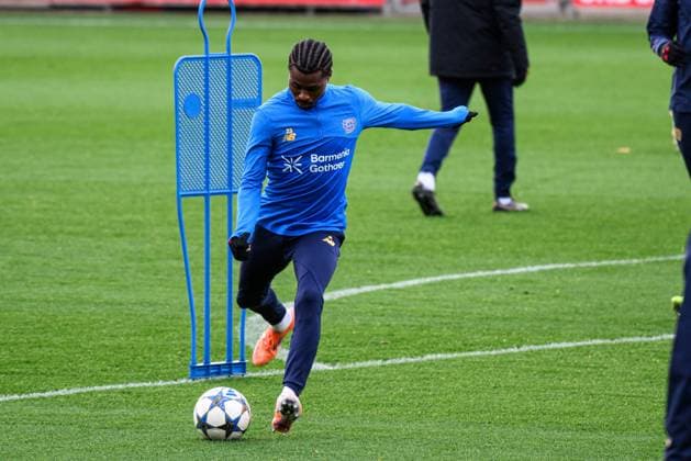LEVERKUSEN, GERMANY - 24 NOVEMBER, 2025: Nathan Tella - The practice of Bayer 04 Leverkusen before UEFA Champions League match vs Manchester City at BayArena.  Copyright: xVITALIIxKLIUIEVx