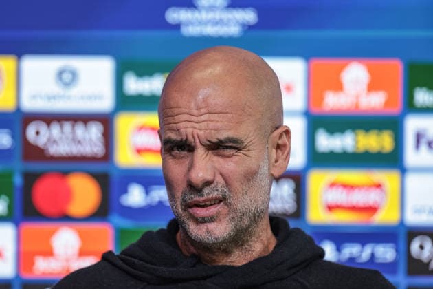 UEFA Champions League press conference, PK, Pressekonferenz Matchday 5 of 8 Manchester City vs Bayer 04 Leverkusen Pep Guardiola manager of Manchester City speaks to the press during the UEFA Champions League press conference Matchday 5 of 8 Manchester City vs Bayer 04 Leverkusen at Etihad Campus, Manchester, United Kingdom, 24th November 2025 (Photo by Mark Cosgrove News Images) Manchester Etihad Campus Manchester United, ManU Kingdom Copyright: xMarkxCosgrove NewsxImagesx