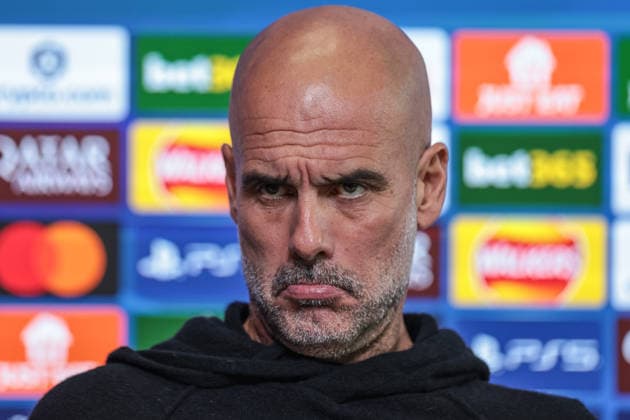 UEFA Champions League press conference, PK, Pressekonferenz Matchday 5 of 8 Manchester City vs Bayer 04 Leverkusen Pep Guardiola manager of Manchester City speaks to the press during the UEFA Champions League press conference Matchday 5 of 8 Manchester City vs Bayer 04 Leverkusen at Etihad Campus, Manchester, United Kingdom, 24th November 2025 (Photo by Mark Cosgrove News Images) Manchester Etihad Campus Manchester United, ManU Kingdom Copyright: xMarkxCosgrove NewsxImagesx