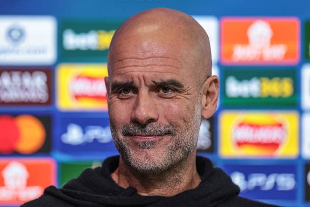 UEFA Champions League press conference, PK, Pressekonferenz Matchday 5 of 8 Manchester City vs Bayer 04 Leverkusen Pep Guardiola manager of Manchester City speaks to the press during the UEFA Champions League press conference Matchday 5 of 8 Manchester City vs Bayer 04 Leverkusen at Etihad Campus, Manchester, United Kingdom, 24th November 2025 (Photo by Mark Cosgrove News Images) Manchester Etihad Campus Manchester United, ManU Kingdom Copyright: xMarkxCosgrove NewsxImagesx