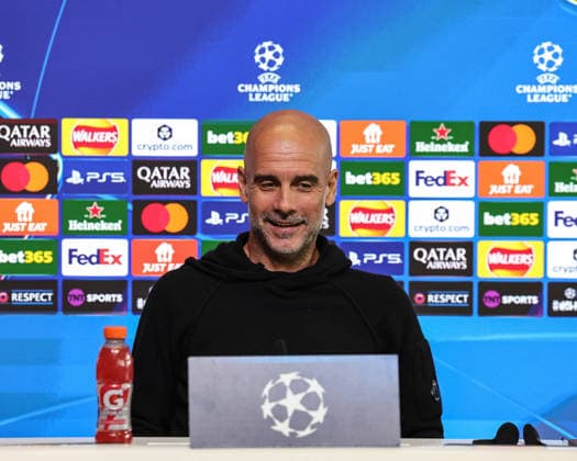 UEFA Champions League press conference, PK, Pressekonferenz Matchday 5 of 8 Manchester City vs Bayer 04 Leverkusen Pep Guardiola manager of Manchester City speaks to the press during the UEFA Champions League press conference Matchday 5 of 8 Manchester City vs Bayer 04 Leverkusen at Etihad Campus, Manchester, United Kingdom, 24th November 2025 (Photo by Mark Cosgrove News Images) Manchester Etihad Campus Manchester United, ManU Kingdom Copyright: xMarkxCosgrove NewsxImagesx