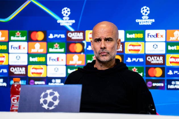 MANCHESTER, ENGLAND - NOVEMBER 24: Pep Guardiola head coach of Manchester City attends a press conference, PK, Pressekonferenz ahead of the UEFA Champions League 2025 26 League Phase MD5 match between Manchester City and Bayer 04 Leverkusen at Manchester City Football Academy on November 24, 2025 in Manchester, England. (Photo by Rene Nijhuis) SPO  Copyright: xRenexNijhuis