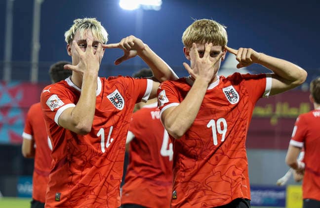 Austria v Italy : Semi-final- FIFA U-17 World Cup Qatar 2025 Johannes Mathias Moser (R) of Austria celebrates with his teammates after scoring the second goal during the FIFA U-17 World Cup Qatar 2025 Semi-final match between Austria and Italy in Doha, Qatar, on November 24, 2025. DOHA Qatar Copyright: xNOUSHADxTHEKKAYILx